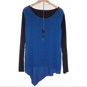 Simply Irresistible Color Block Asymmetrical Hem Tunic Top w Necklace BLUE 2X
